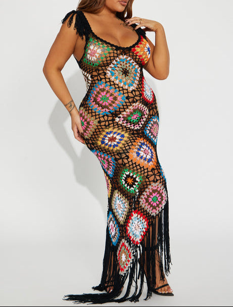 Coastal Cruise Crochet Maxi Dress - Black/combo