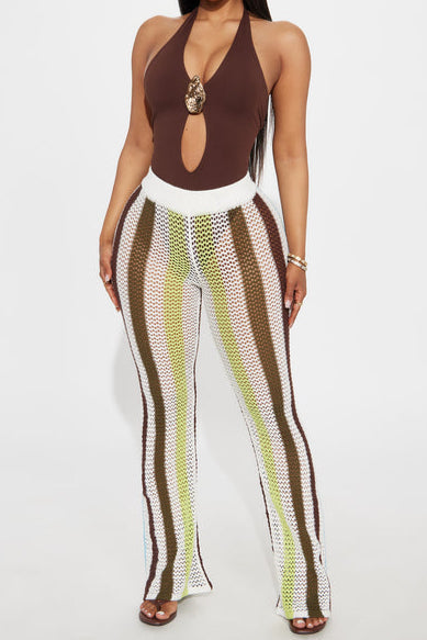 Thriving In The Mykonos Sun Striped Crochet Flare Pant - Green/combo