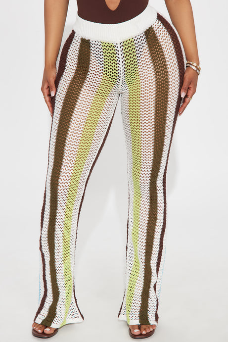 Thriving In The Mykonos Sun Striped Crochet Flare Pant - Green/combo