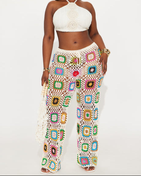 Thriving In The Sun Crochet Wide Leg Pant - Cream/combo